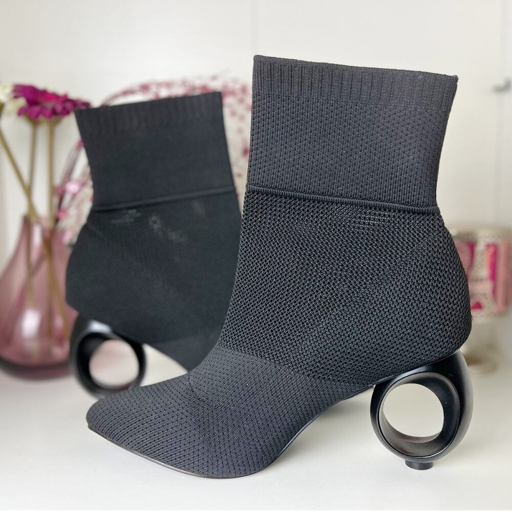 Black Knit Sculptural Heel Ankle Booties